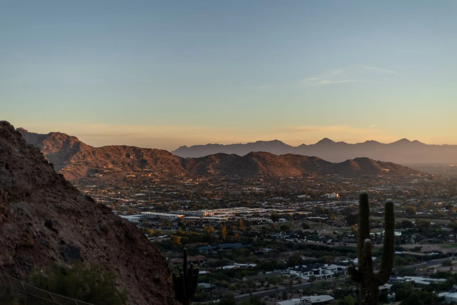North Phoenix, AZ desert foothills and homes at sunset